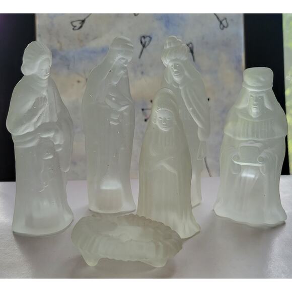 Unbranded Other - Vintage Nativity Set Frosted Glass 6 Pc Miniature Nativity No Box Approx 3" GC